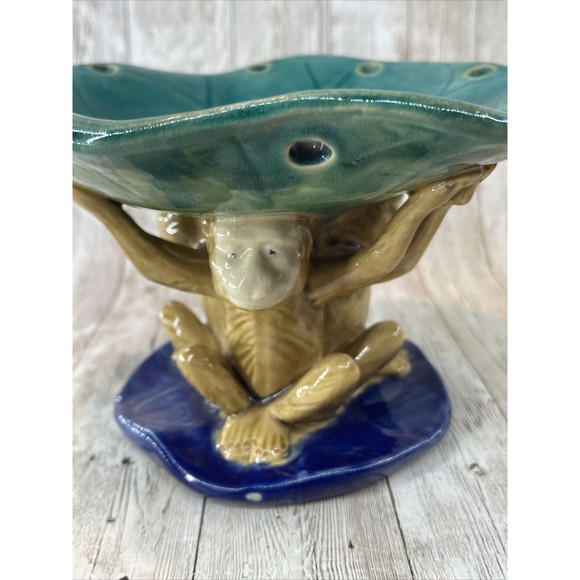 Majolica 3 Monkeys Holding Bowl Dish Centerpiece Large Great Condition - Picture 2 of 16
